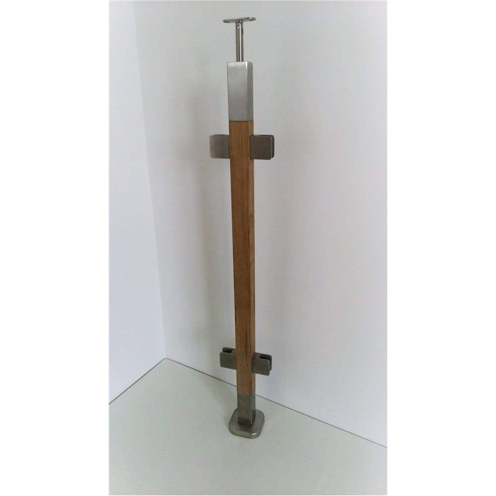 Słupek stal nierdzewna-drewno 40x40mm - 4 uchwyty do szkła (mocowanie płaskie)