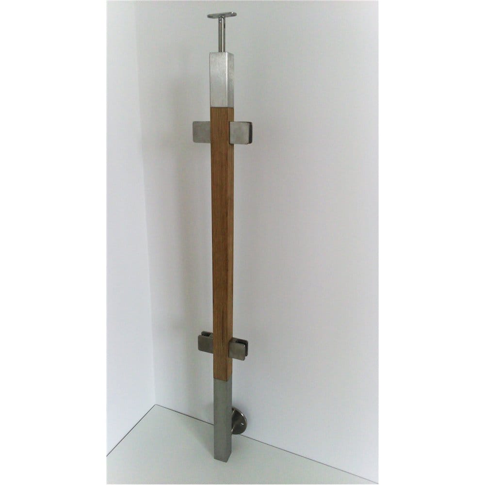 Słupek stal nierdzewna-drewno 40x40mm - 4 uchwyty do szkła (mocowanie boczne)